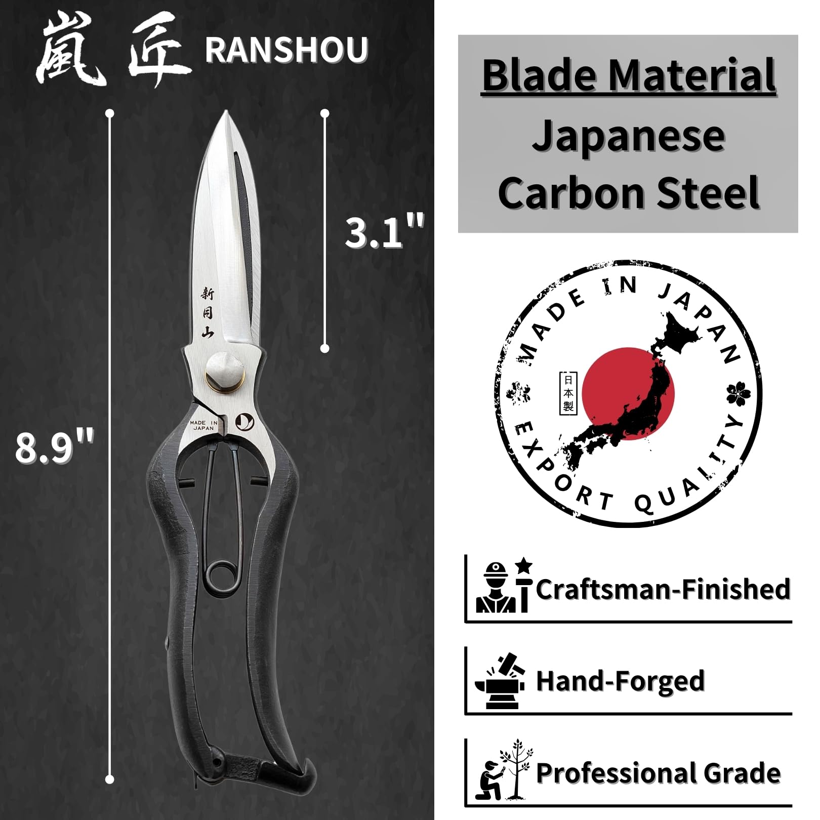RANSHOU Leaf Trimming Scissors blade detail showing Japanese carbon steel