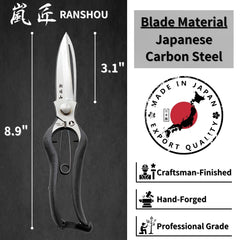 RANSHOU Leaf Trimming Scissors blade detail showing Japanese carbon steel