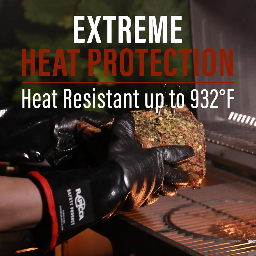 RAPICCA BBQ gloves showing 17-inch long sleeve