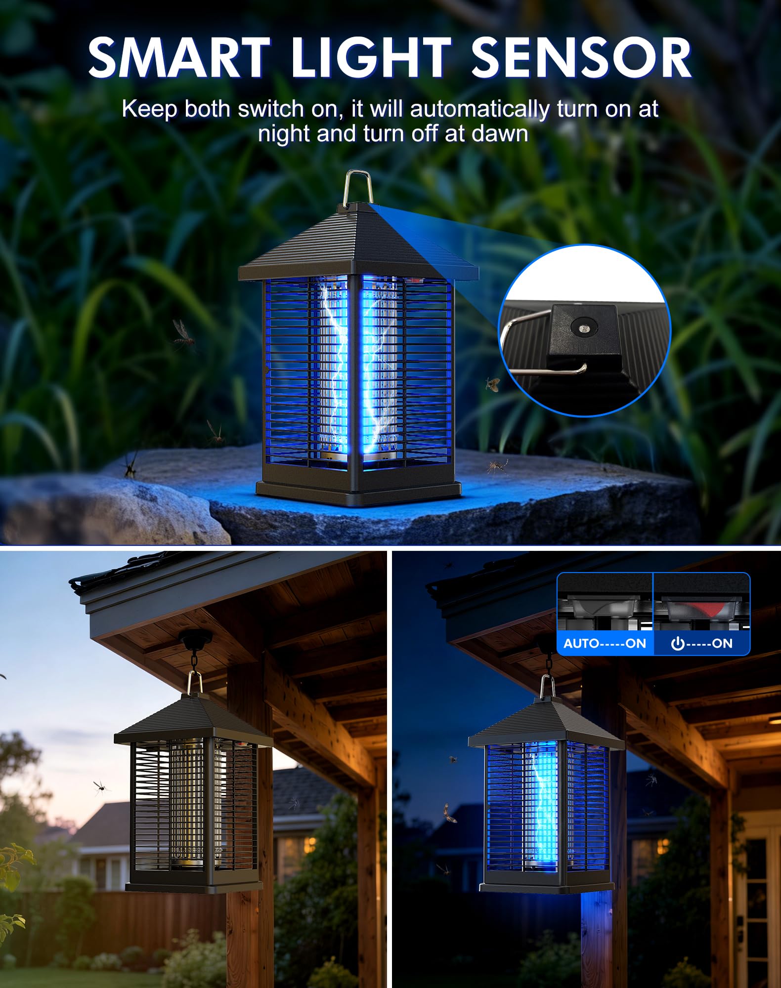 Ratoge Bug Zapper in use at night, illuminated by dusk