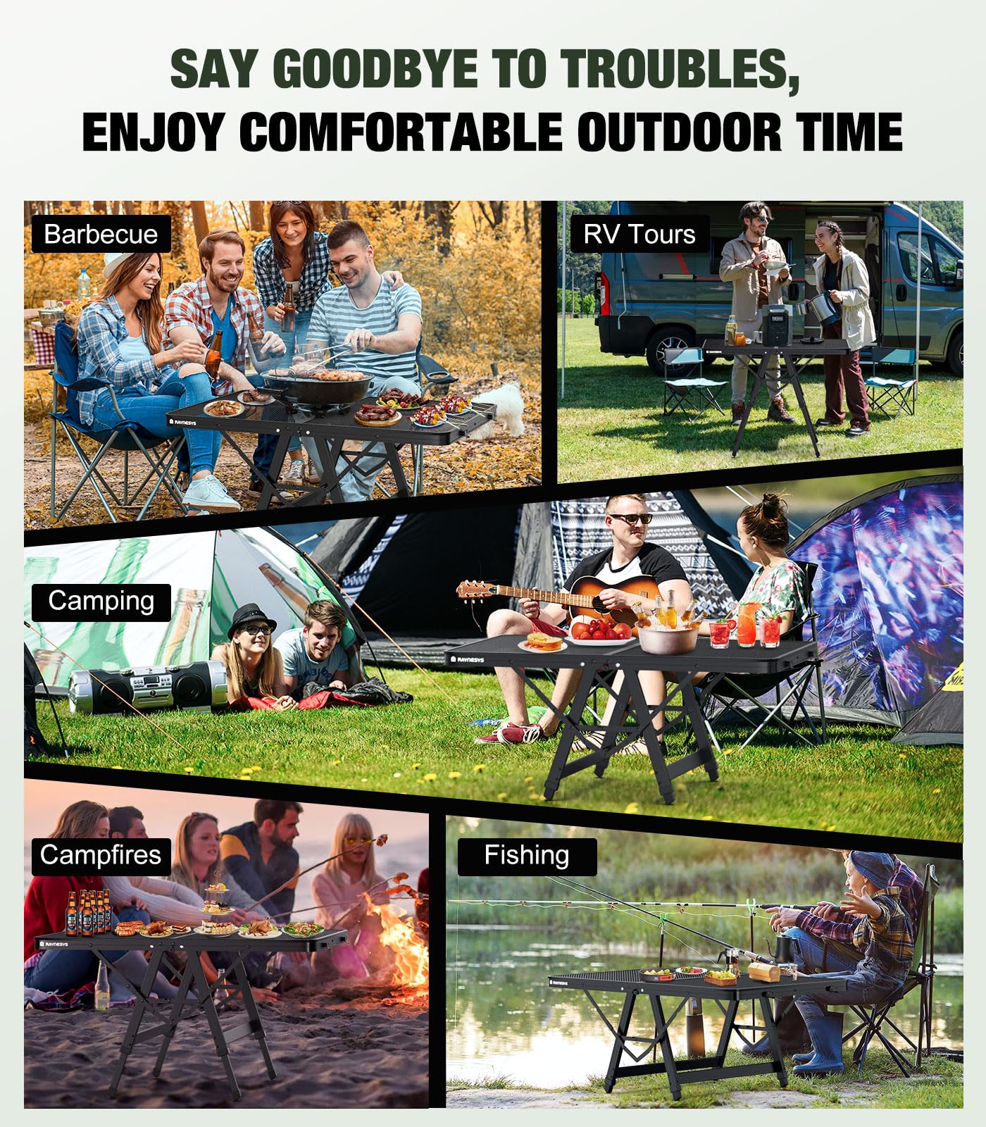 Raynesys Portable Folding Grill Table in a camping setting