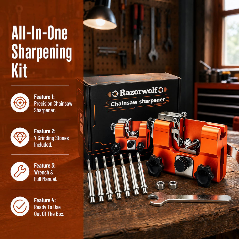 Razorwolf Pro Chainsaw Sharpener in use on chainsaw
