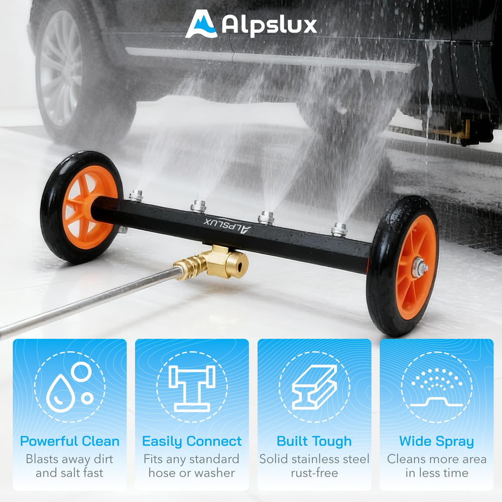 Rear view of alpslux Undercarriage Cleaner with wheels