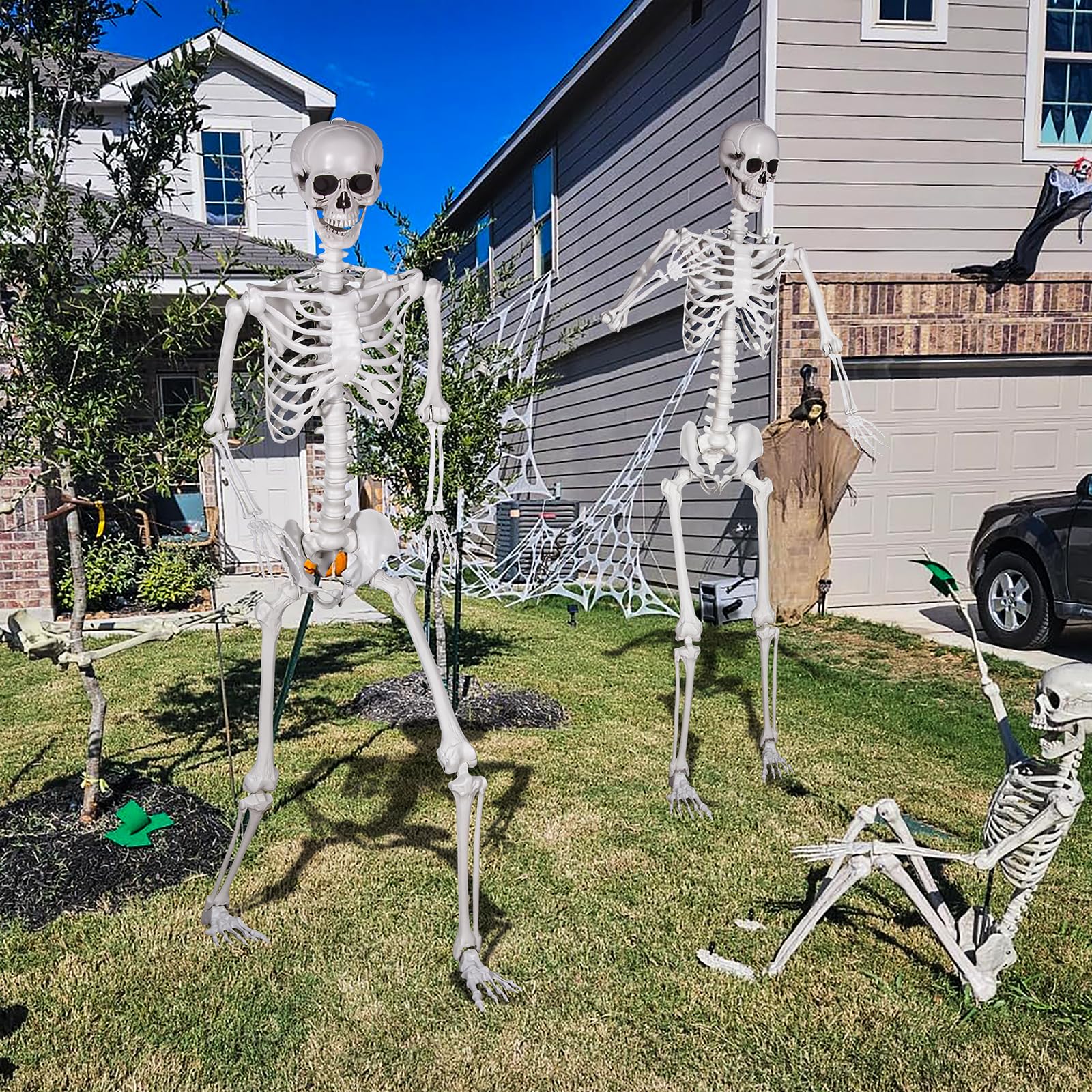 Rear view of SUNREEK Halloween skeleton in yard