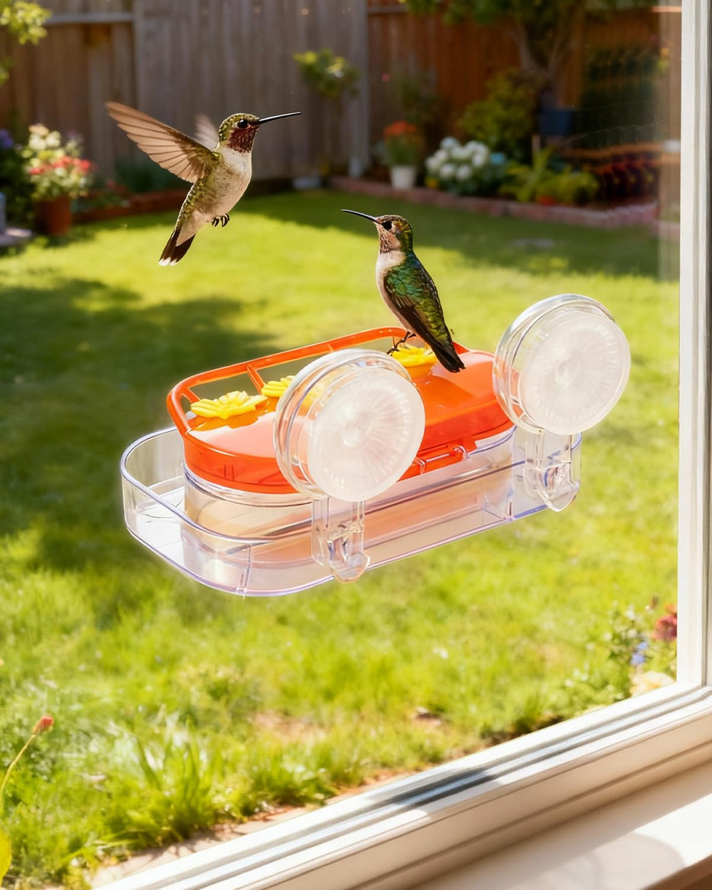 Redboat feeder in outdoor garden setting