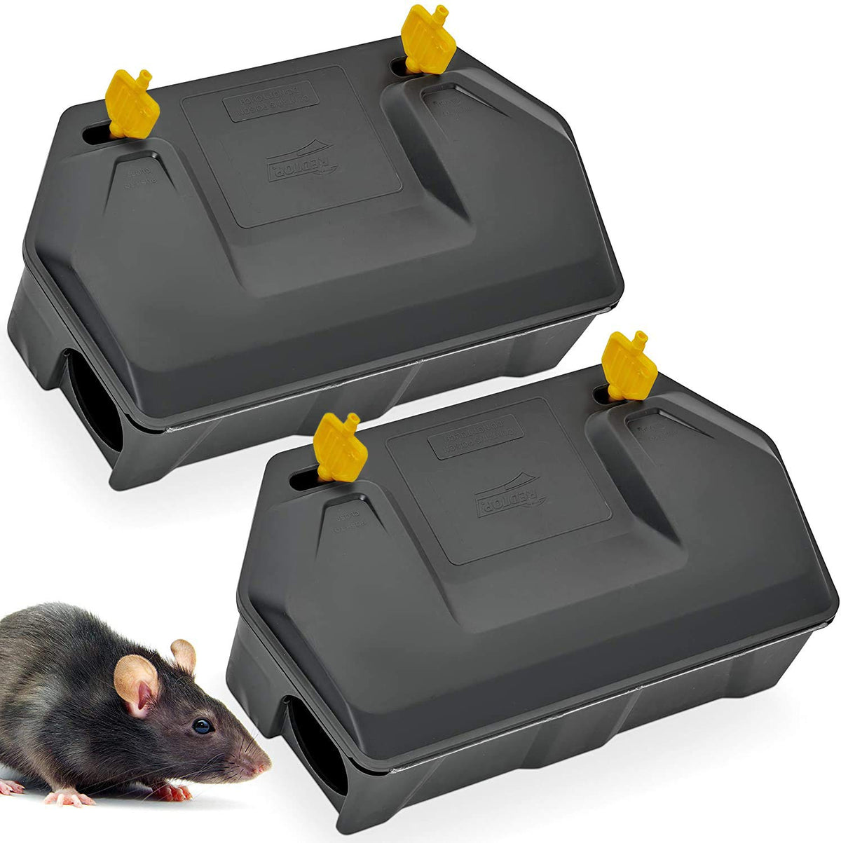 Redtop Rat Bait Station outdoor view, black color