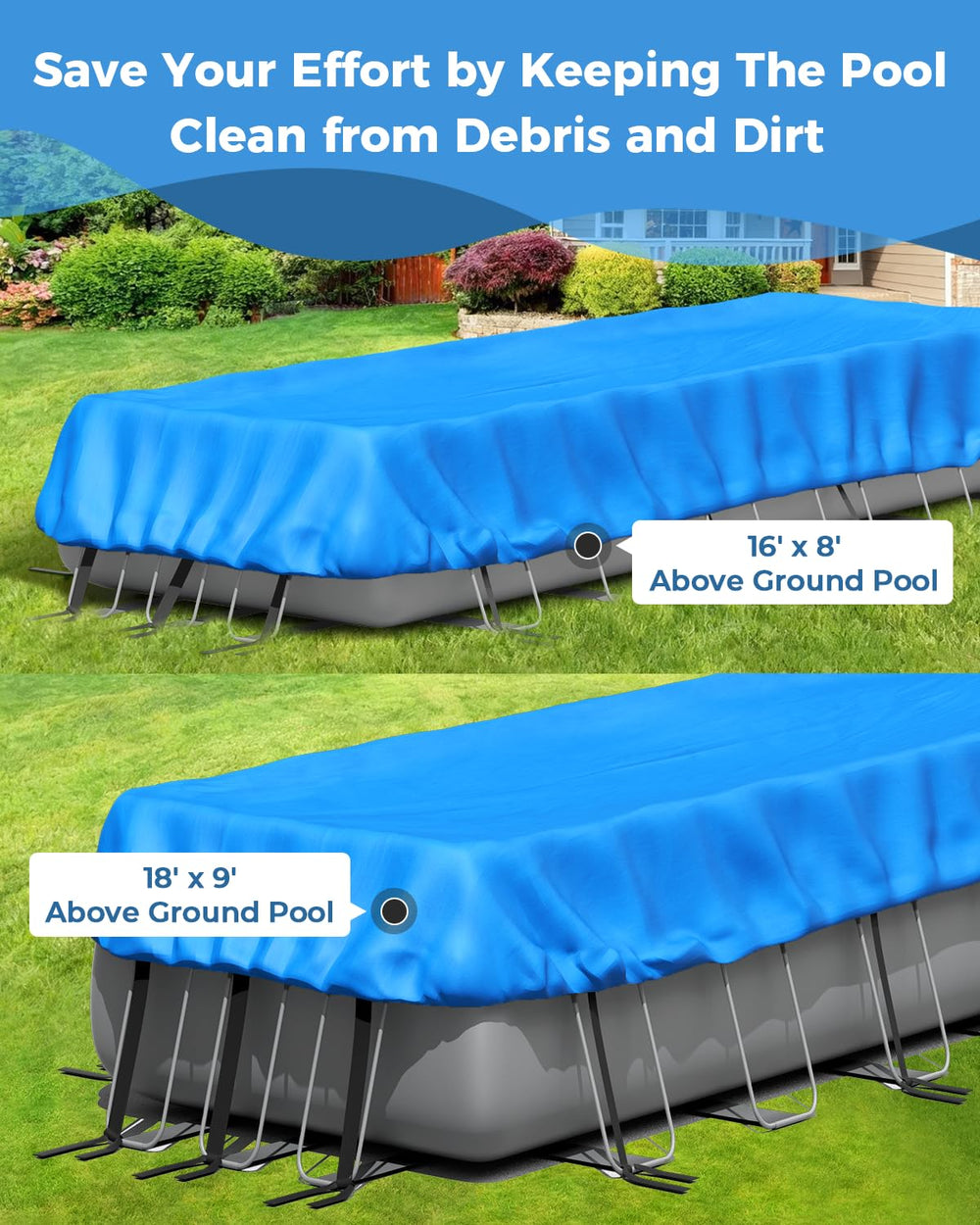 Reinmoson 18 x 9 Pool Cover in package with safety warnings