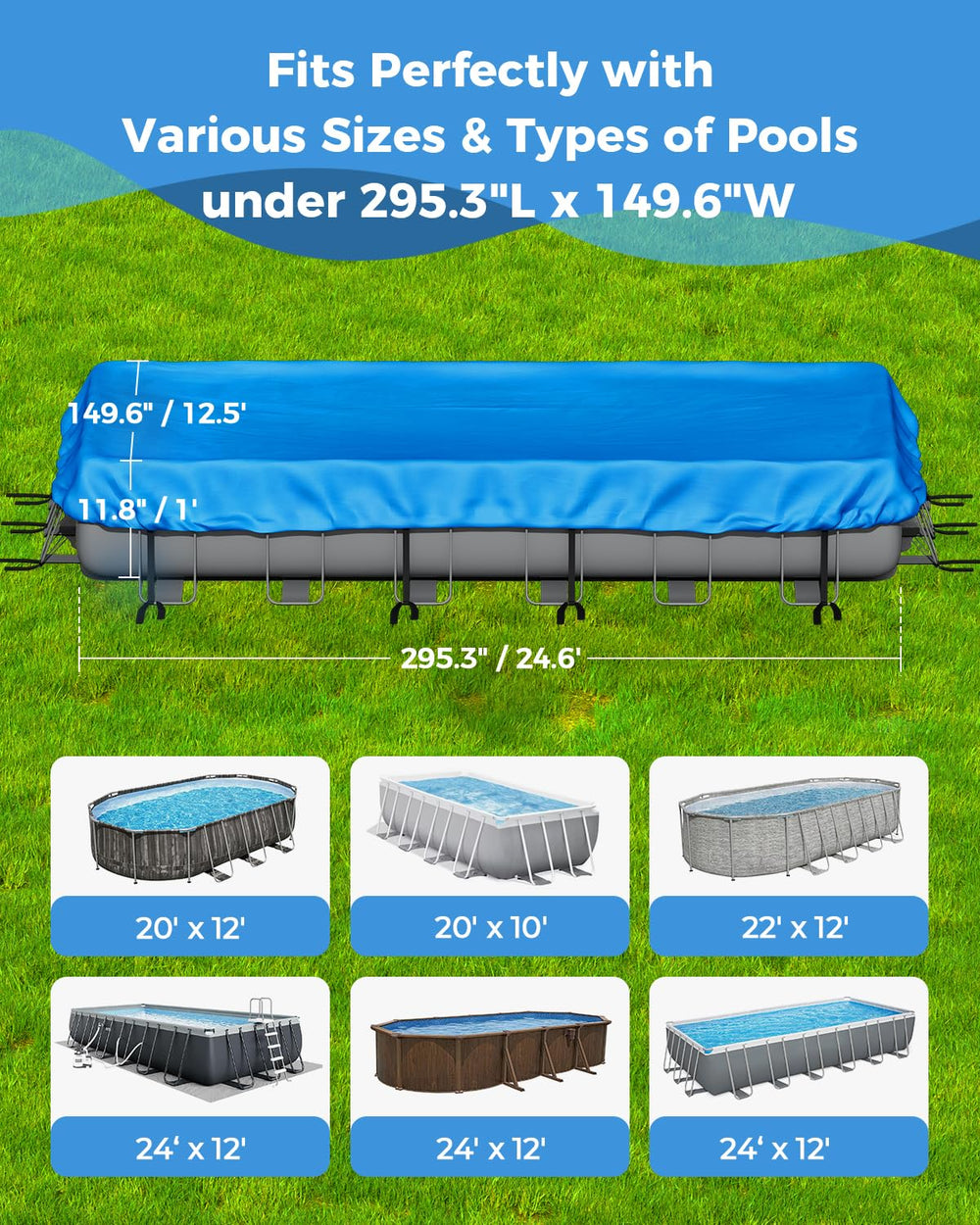 Reinmoson Rectangle Pool Cover 24' x 12' with elastic edges