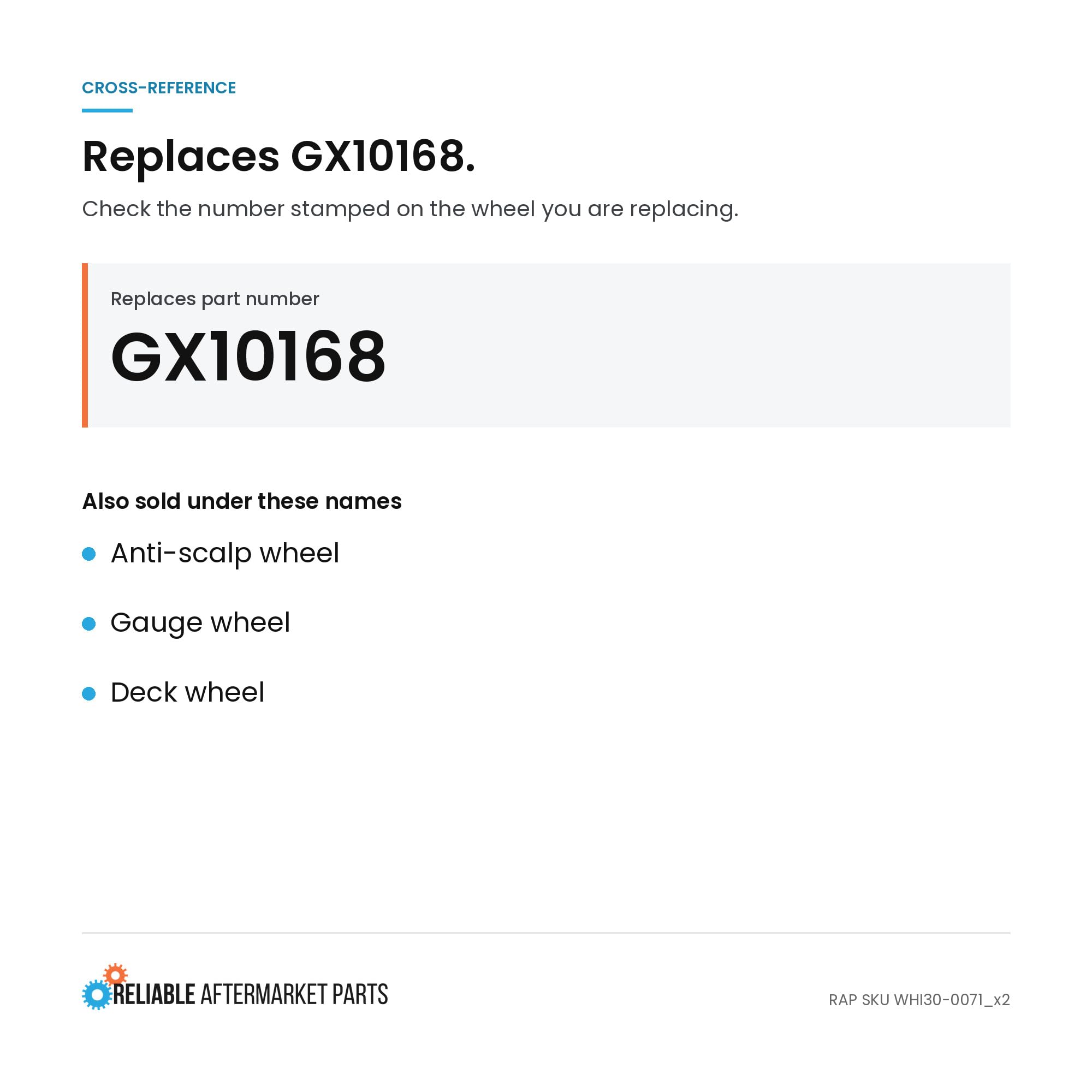 Reliable Aftermarket Parts Deck Wheel showing dimensions