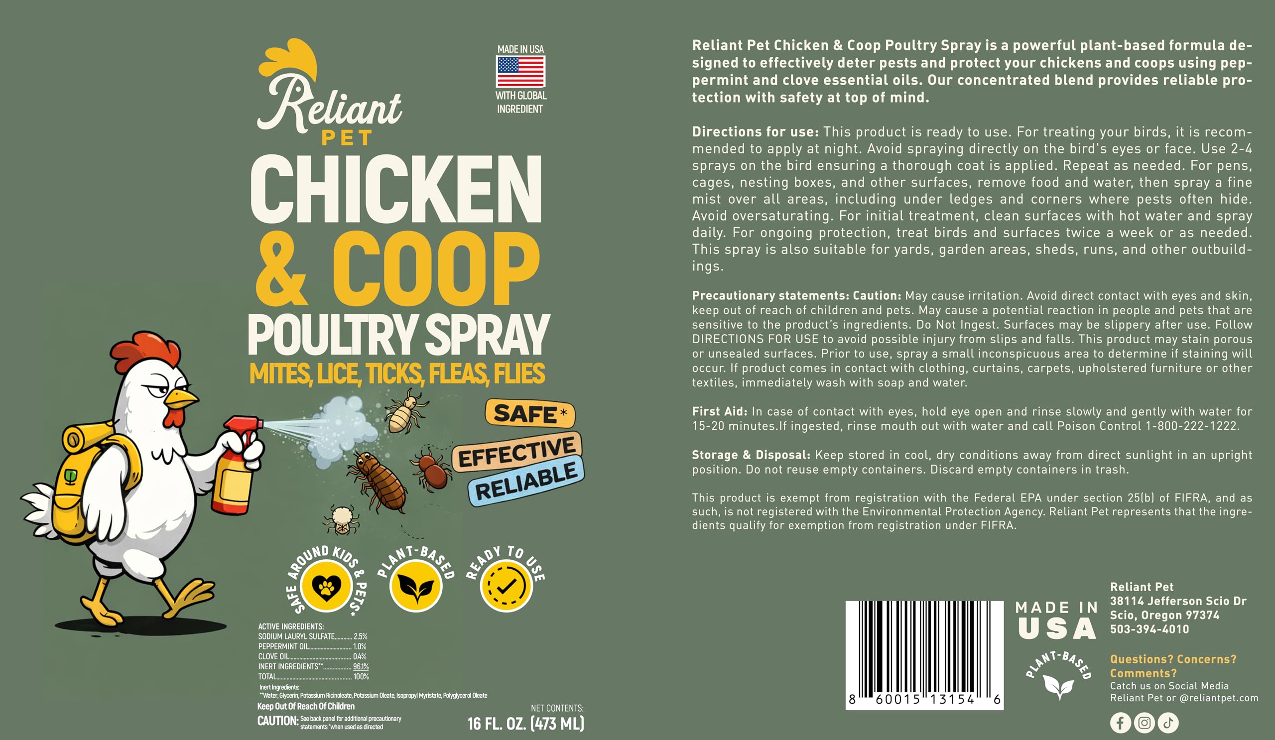 Reliant Pet Chicken Coop Spray with natural green packaging