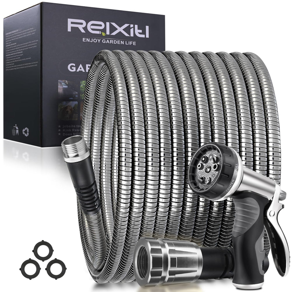 Relxitl 25FT Metal Garden Hose front view, grey color