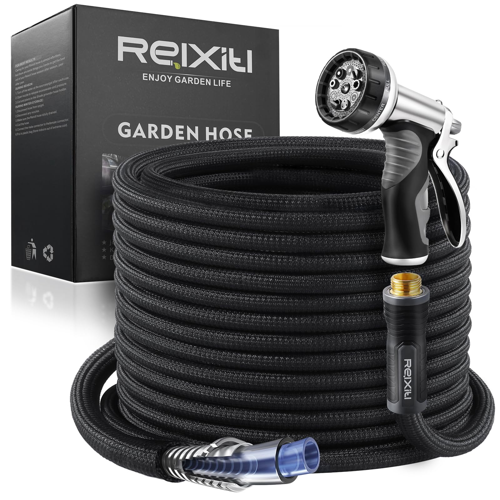 Relxitl 75FT garden hose front view with ergonomic nozzle