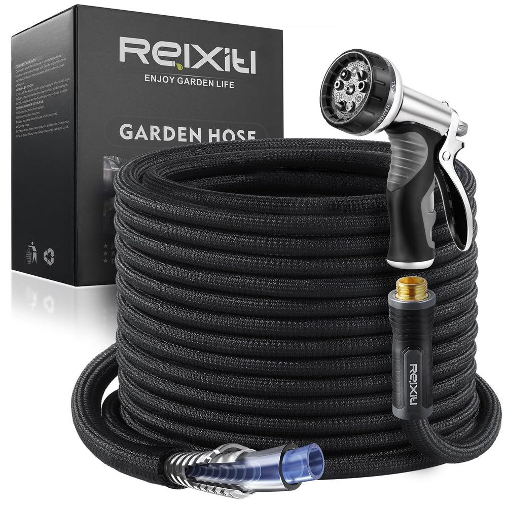 Relxitl 75FT garden hose front view with ergonomic nozzle