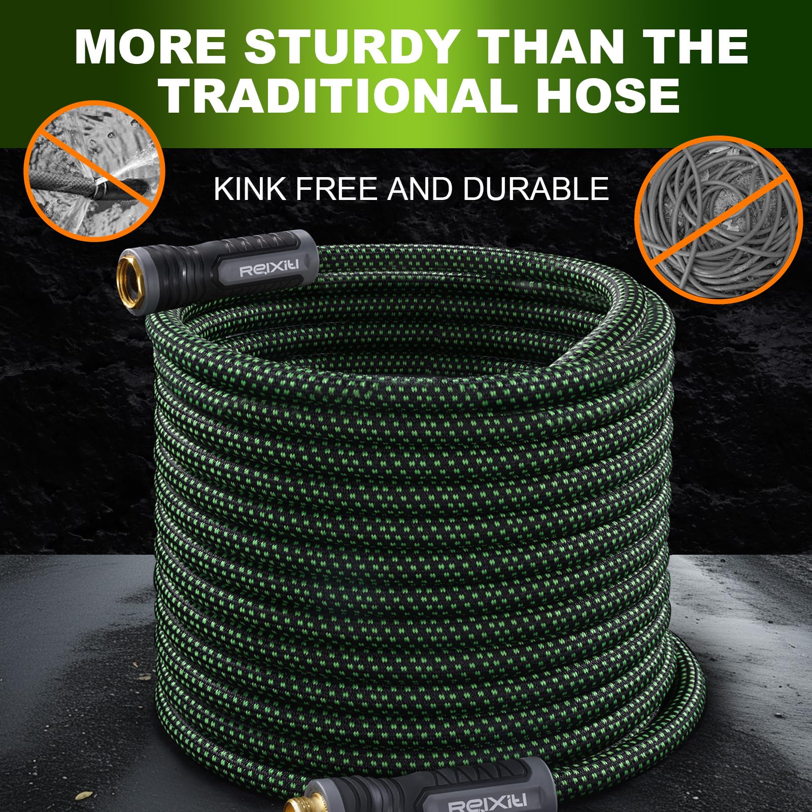 Relxitl garden hose with 10-function spray nozzle attached