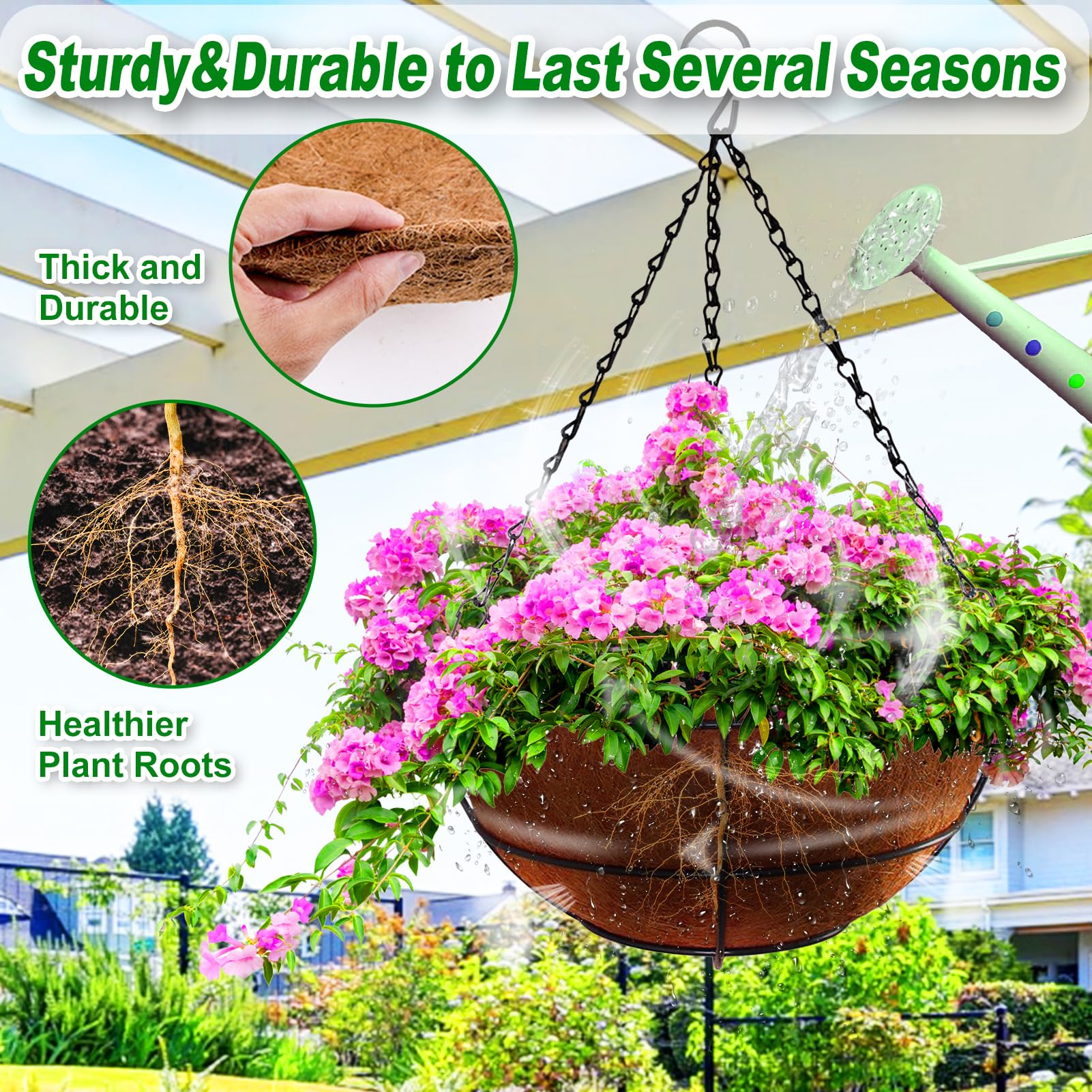 REMIAWY Coco Liners placed in a hanging basket with plants