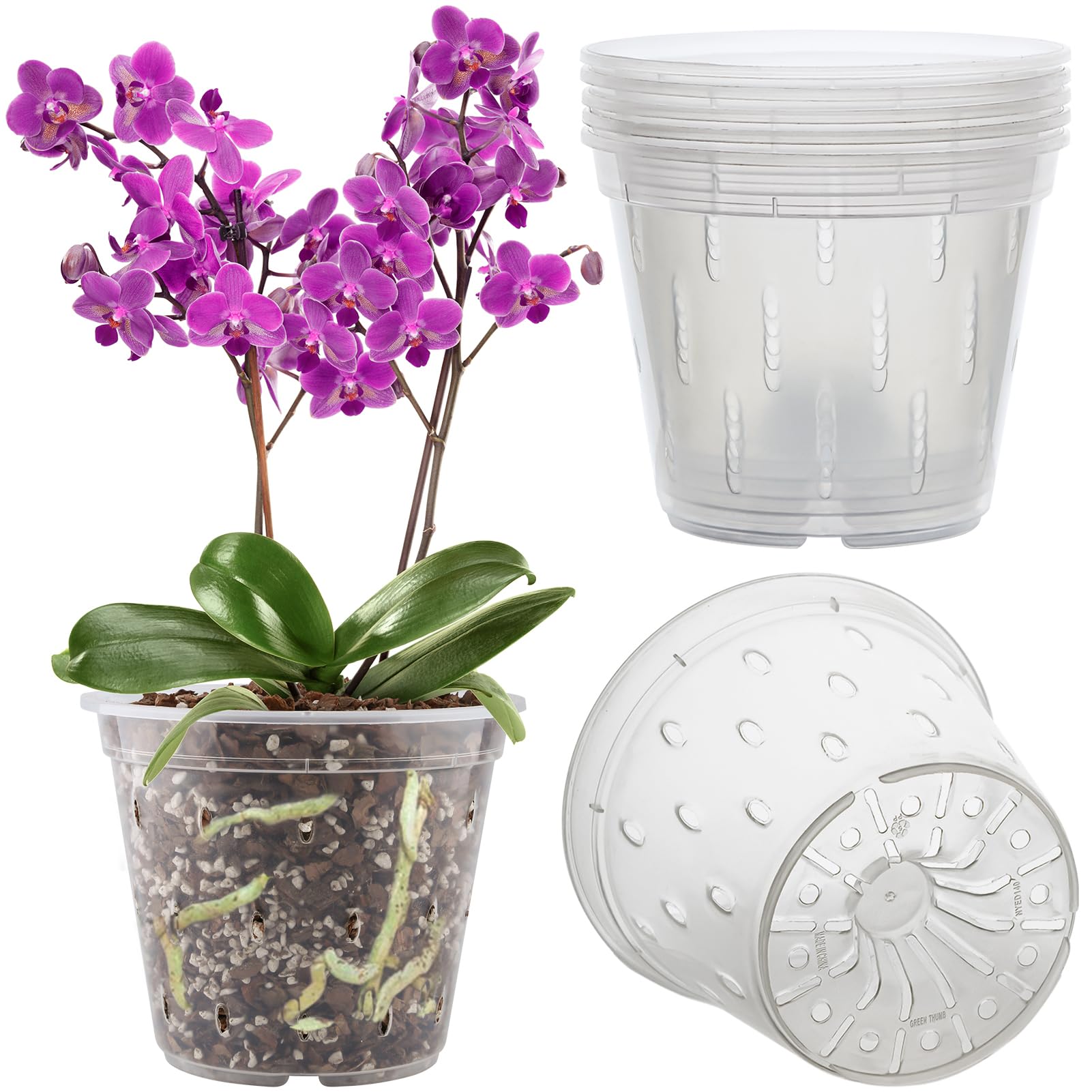 REMIAWY Orchid Pot Set of 6, clear plastic pots from front view