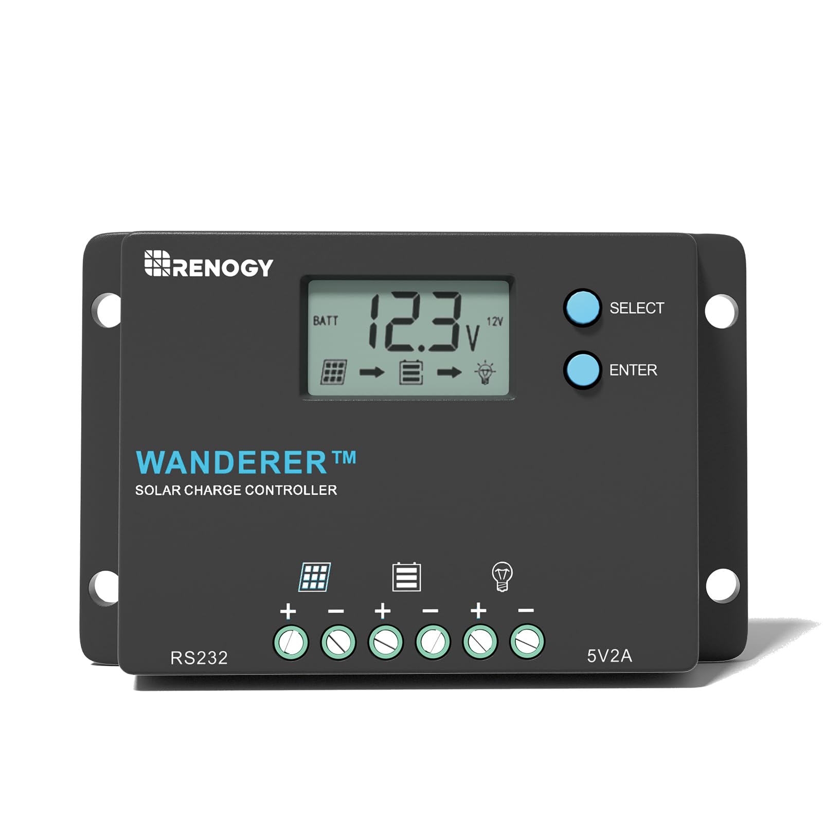 Renogy 10A Solar Charge Controller front view in silver