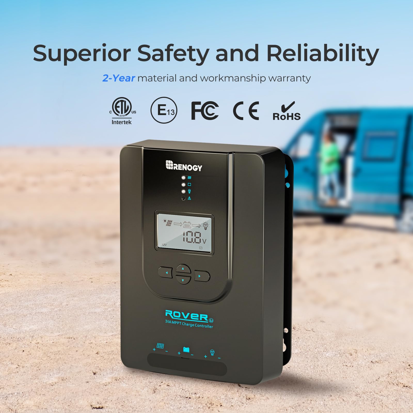 Renogy Rover 30A MPPT Solar Charge Controller with battery connections