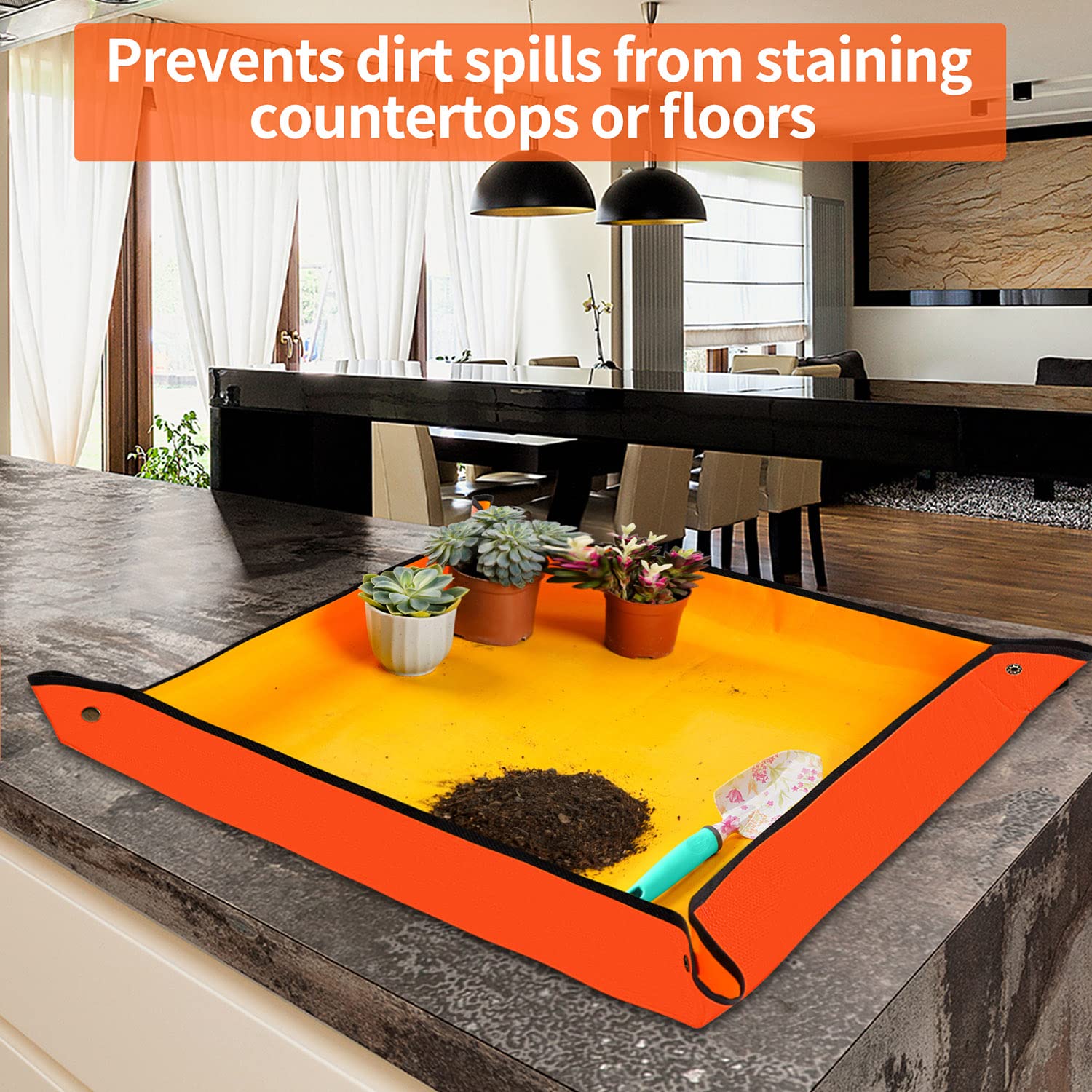 Repotting mat in use with potting soil and plants