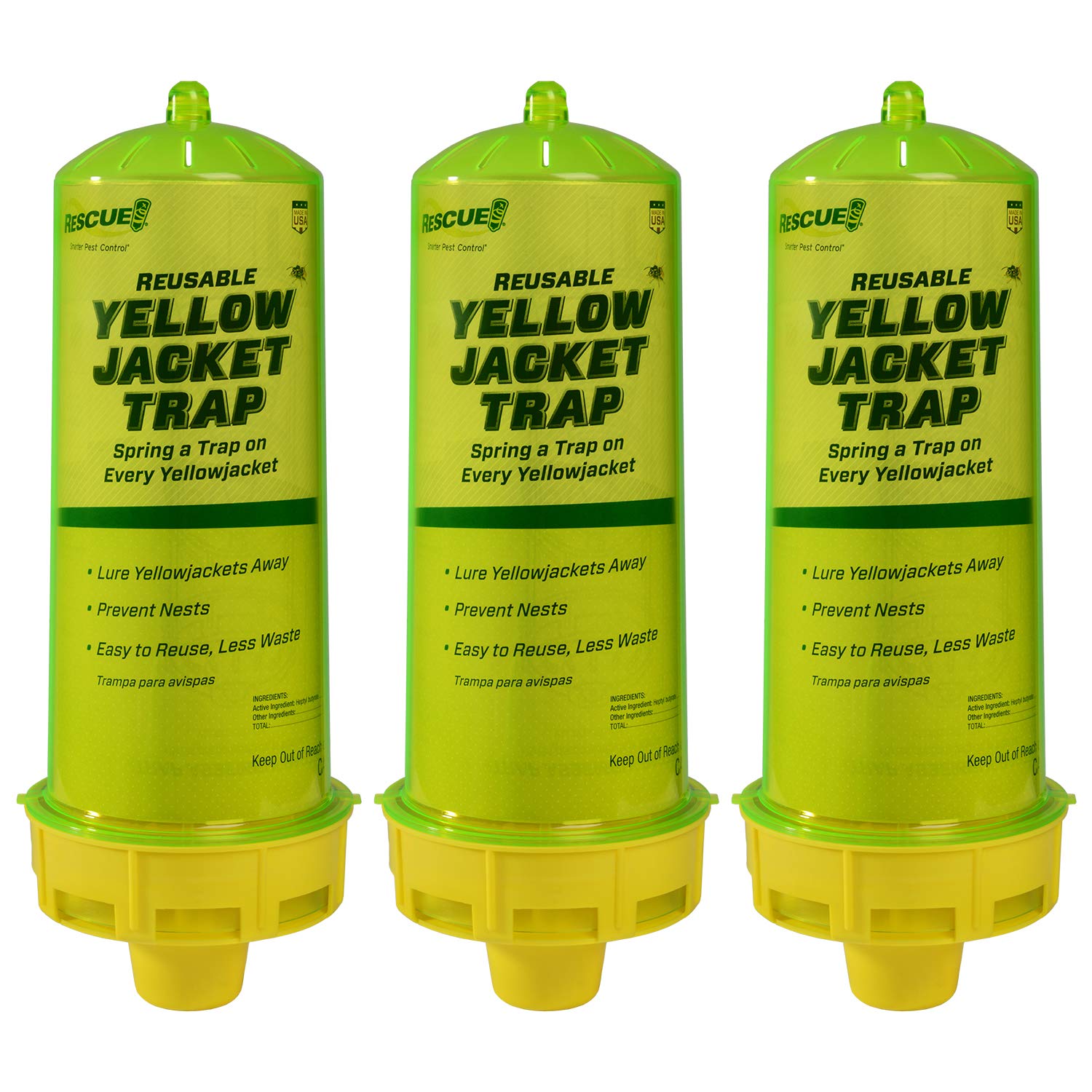 RESCUE! Reusable Yellowjacket Trap front view, yellow and green