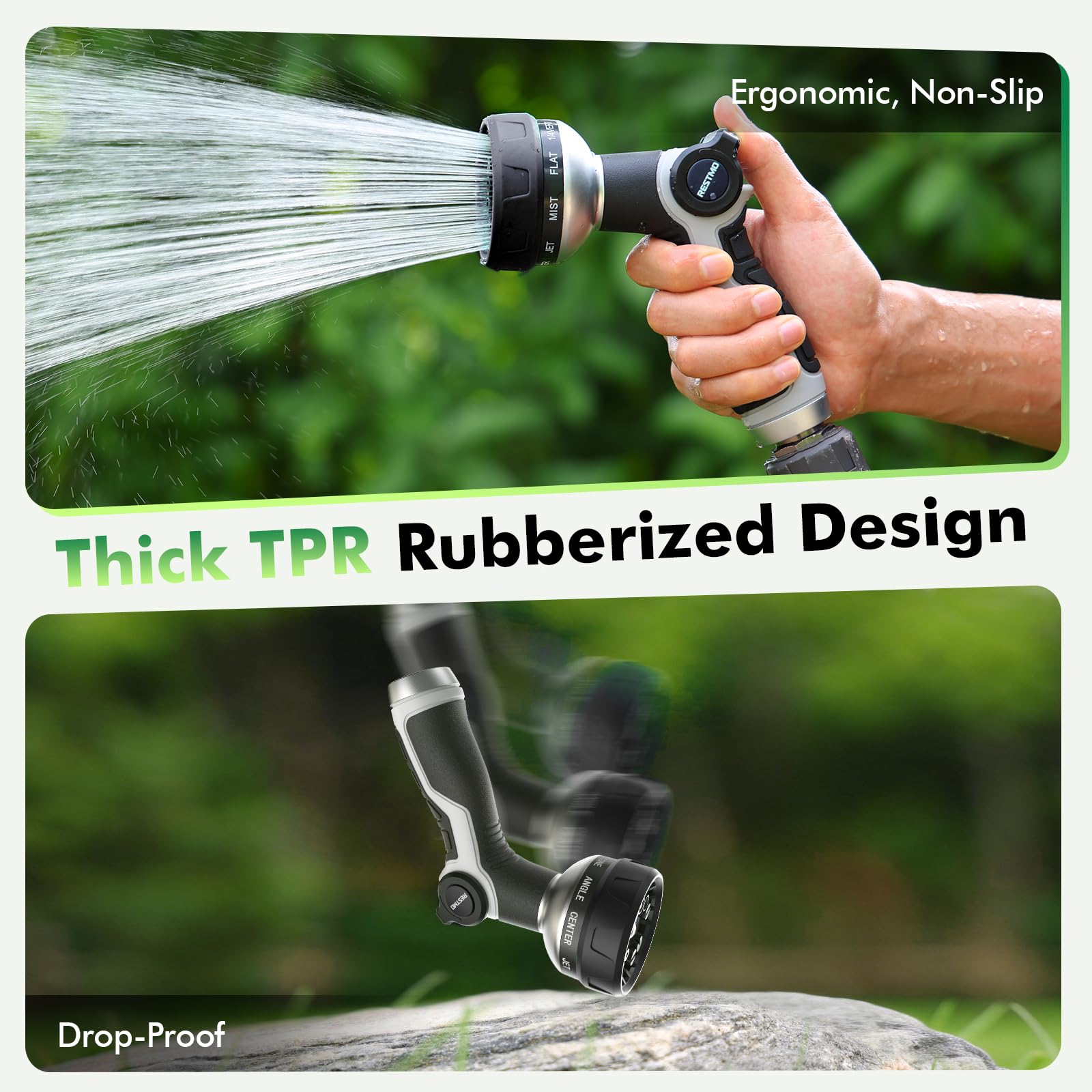 Restmo 10-in-1 Water Hose Nozzle in a garden setting