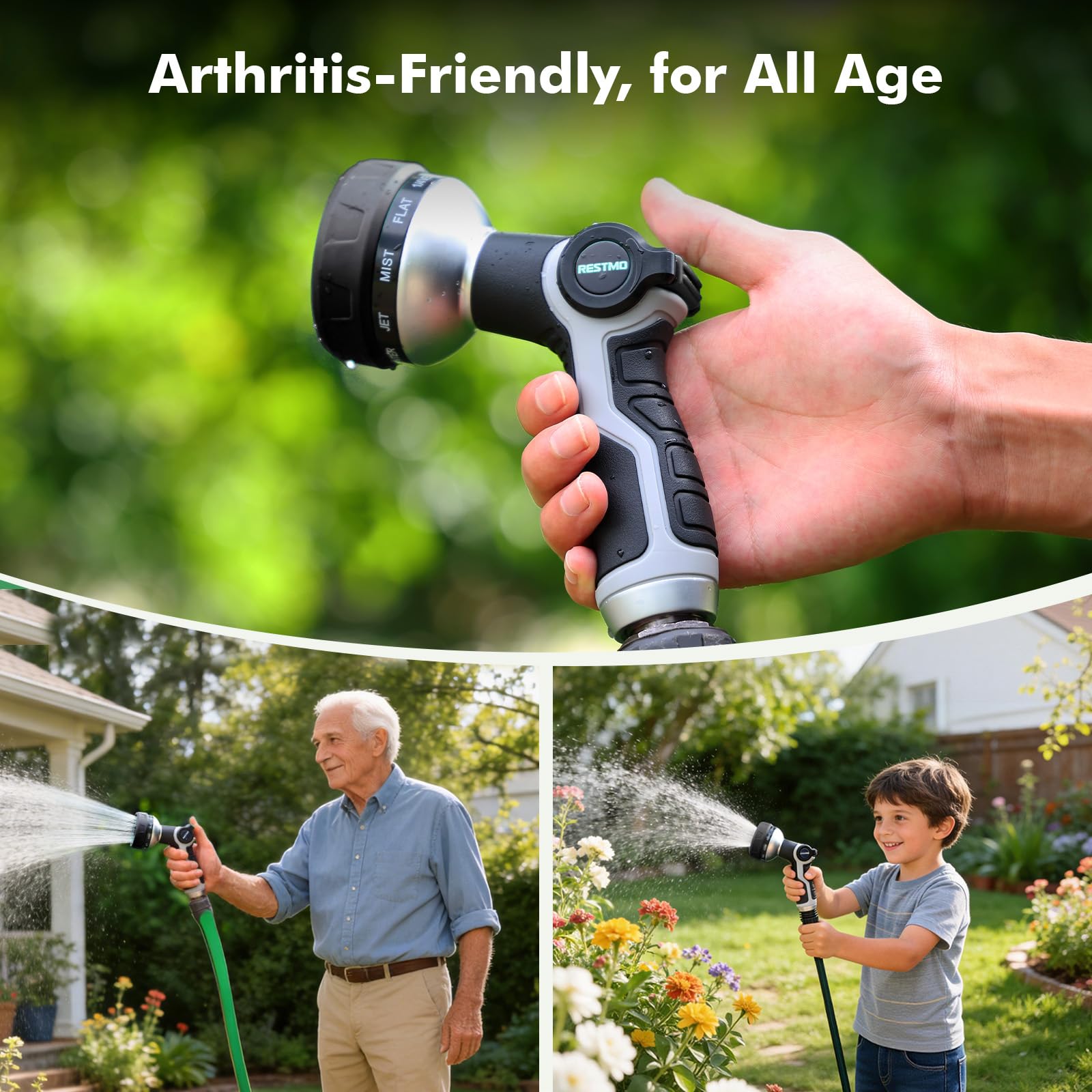 Restmo 10-in-1 Water Hose Nozzle in action watering plants
