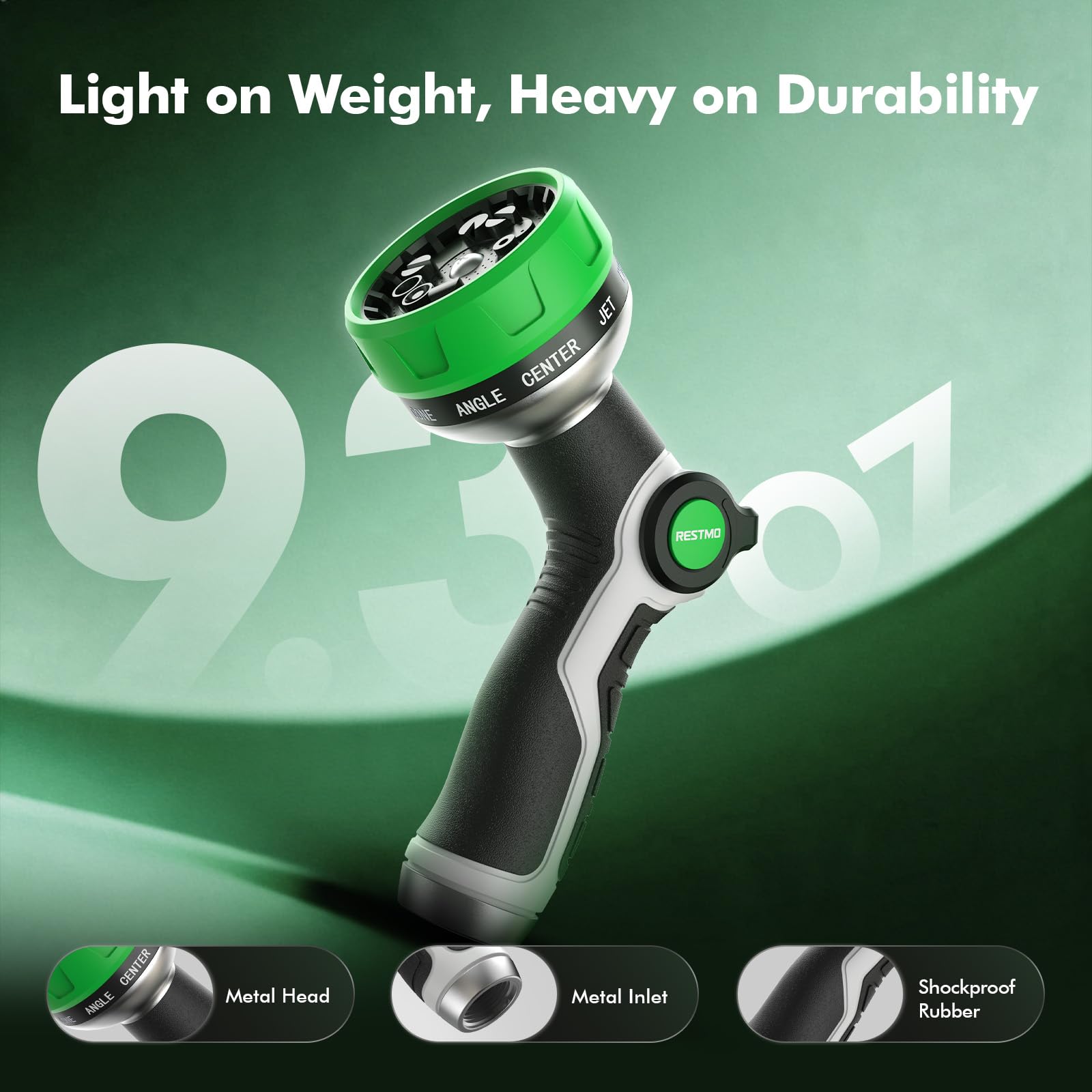 Restmo 10-in-1 Water Hose Nozzle showing all 10 spray patterns