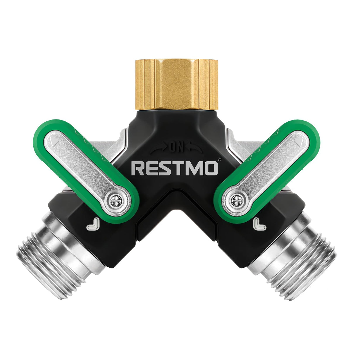 Restmo 2 Way Garden Hose Splitter front view with brass inlet
