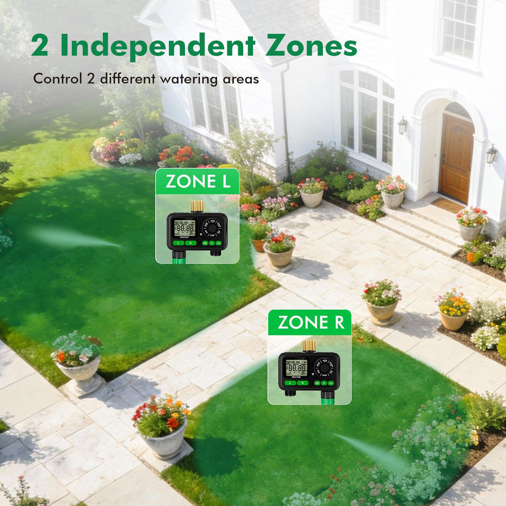 Restmo 2-Zone Sprinkler Timer with packaging details