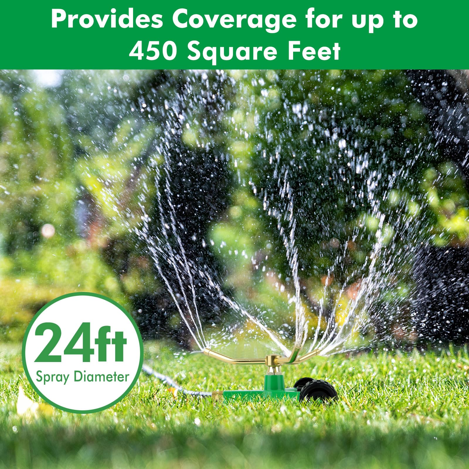 Restmo 3-Arm Metal Sprinkler showing 360° coverage feature