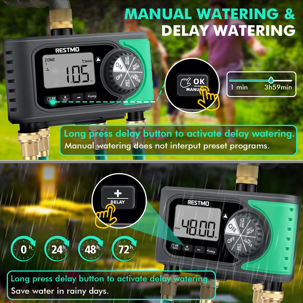 Restmo 4-Zone Sprinkler Timer in garden setting