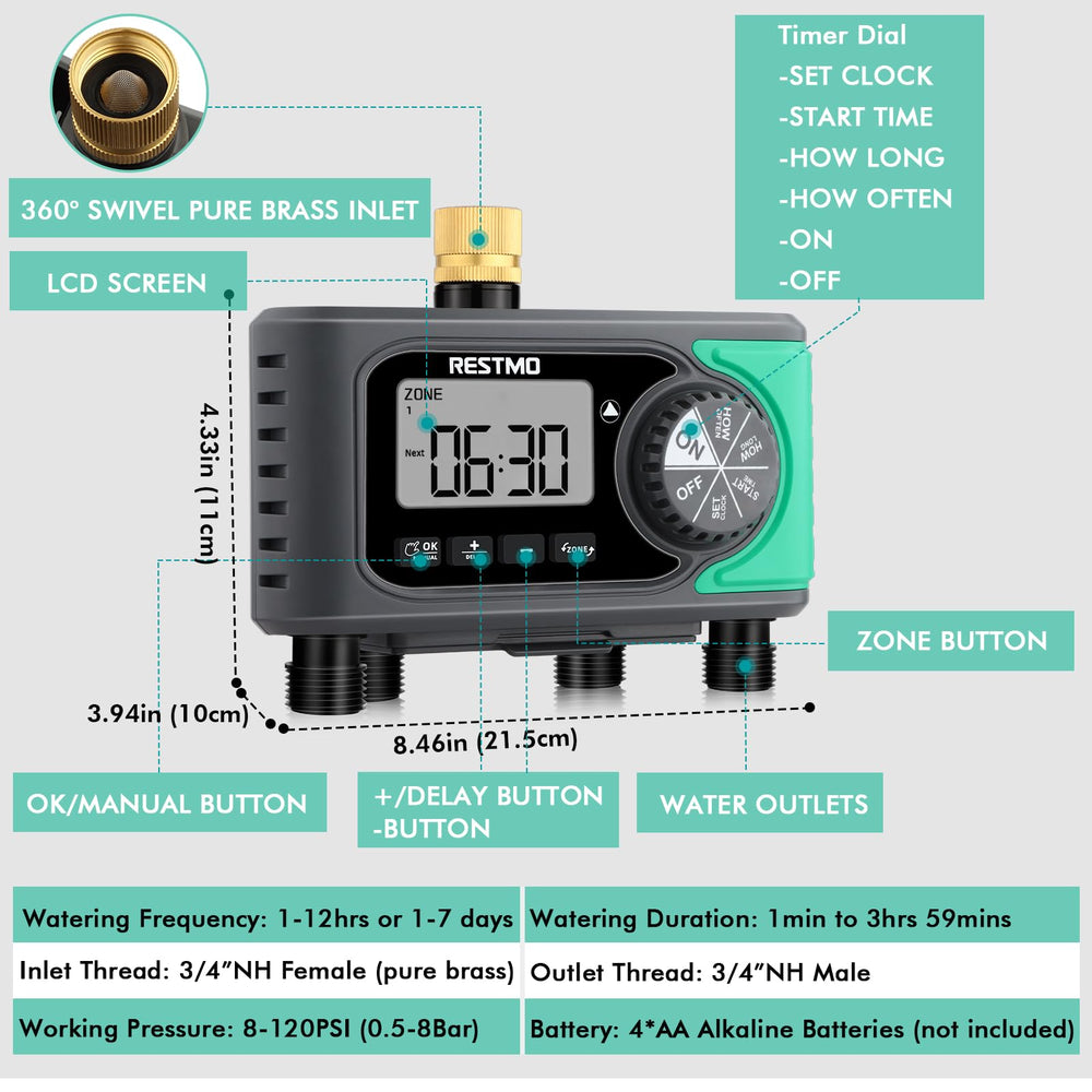 Restmo 4-Zone Sprinkler Timer showing rain delay feature