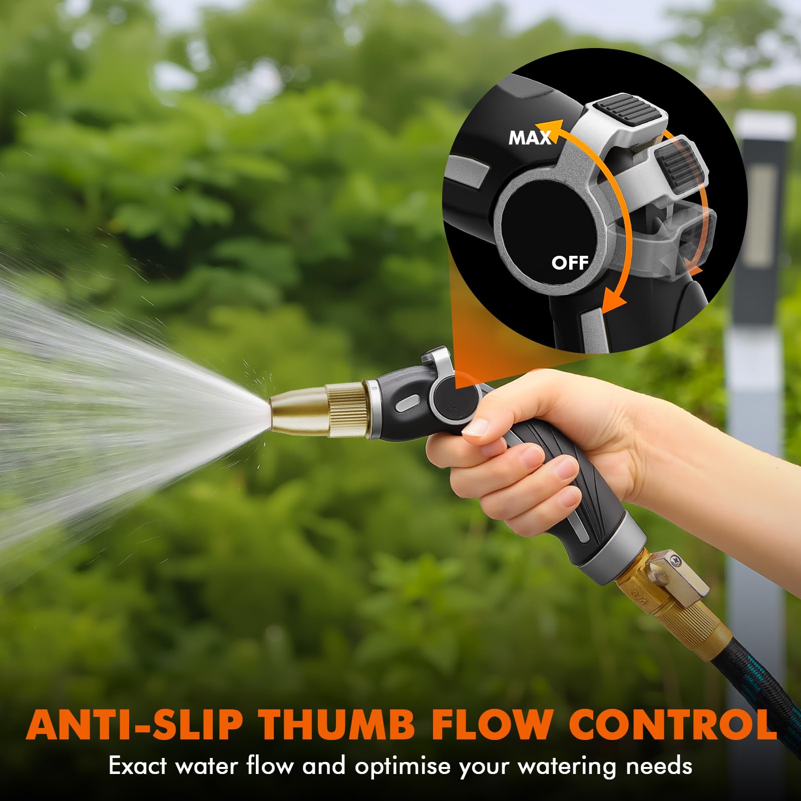 Restmo Garden Hose Nozzle attached to garden hose