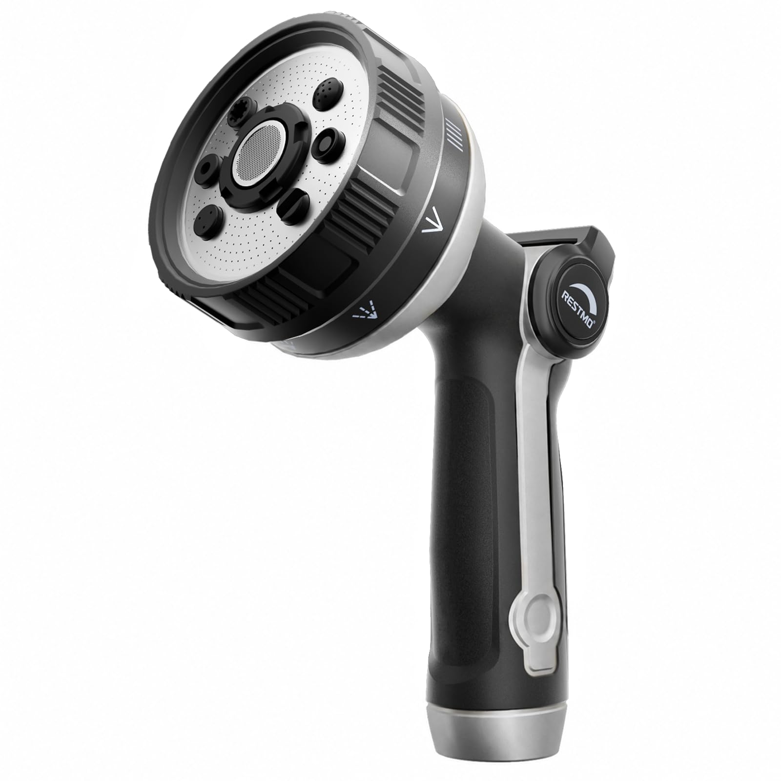 Restmo Garden Hose Nozzle front view with thumb control