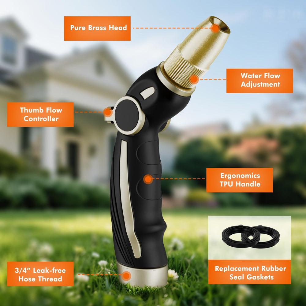 Restmo Garden Hose Nozzle with multiple watering patterns displayed