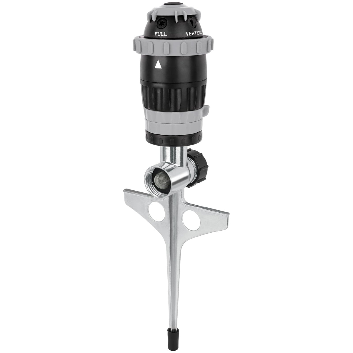 Restmo Gear Drive Sprinkler gray model front view with metal spike base