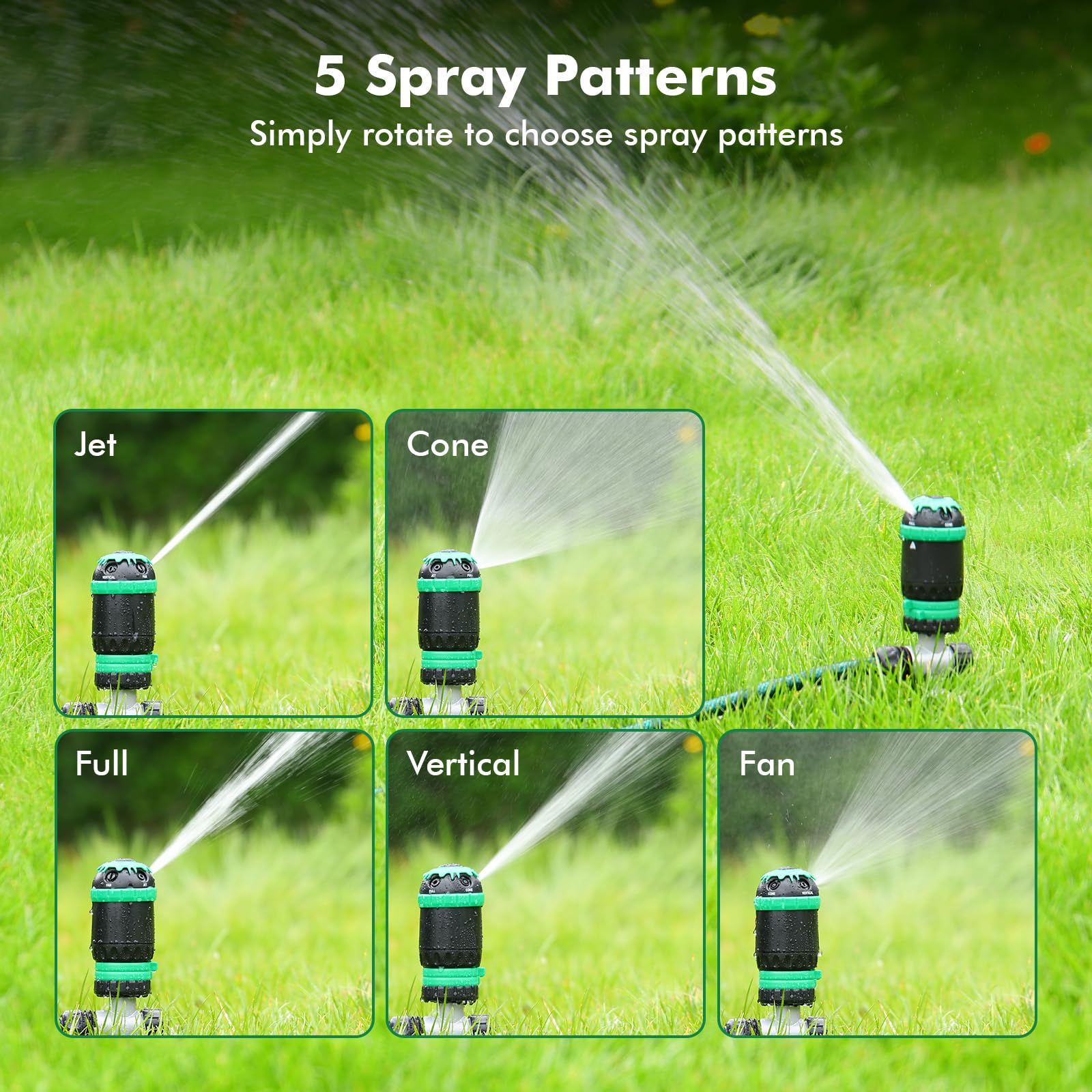 Restmo Gear Drive Sprinkler with five spray pattern options displayed