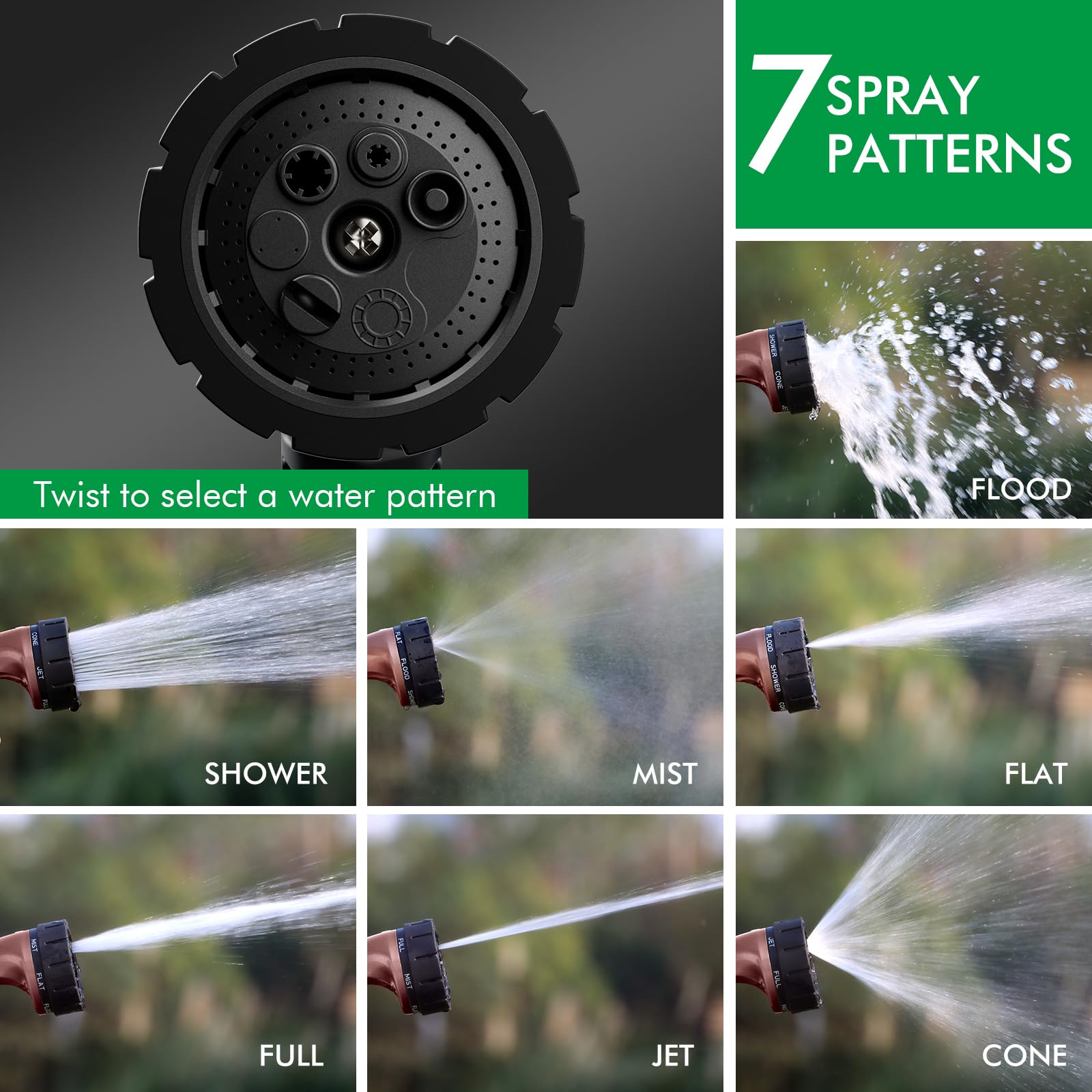 Restmo Heavy Duty Hose Nozzle showing 7 watering pattern options