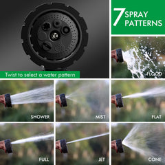 Restmo Heavy Duty Hose Nozzle showing 7 watering pattern options