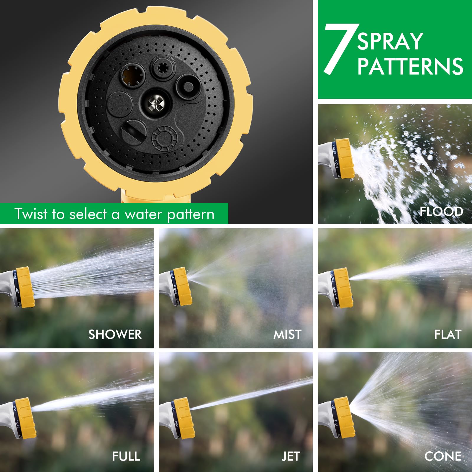 Restmo Heavy Duty Hose Nozzle showing 7 watering patterns dial