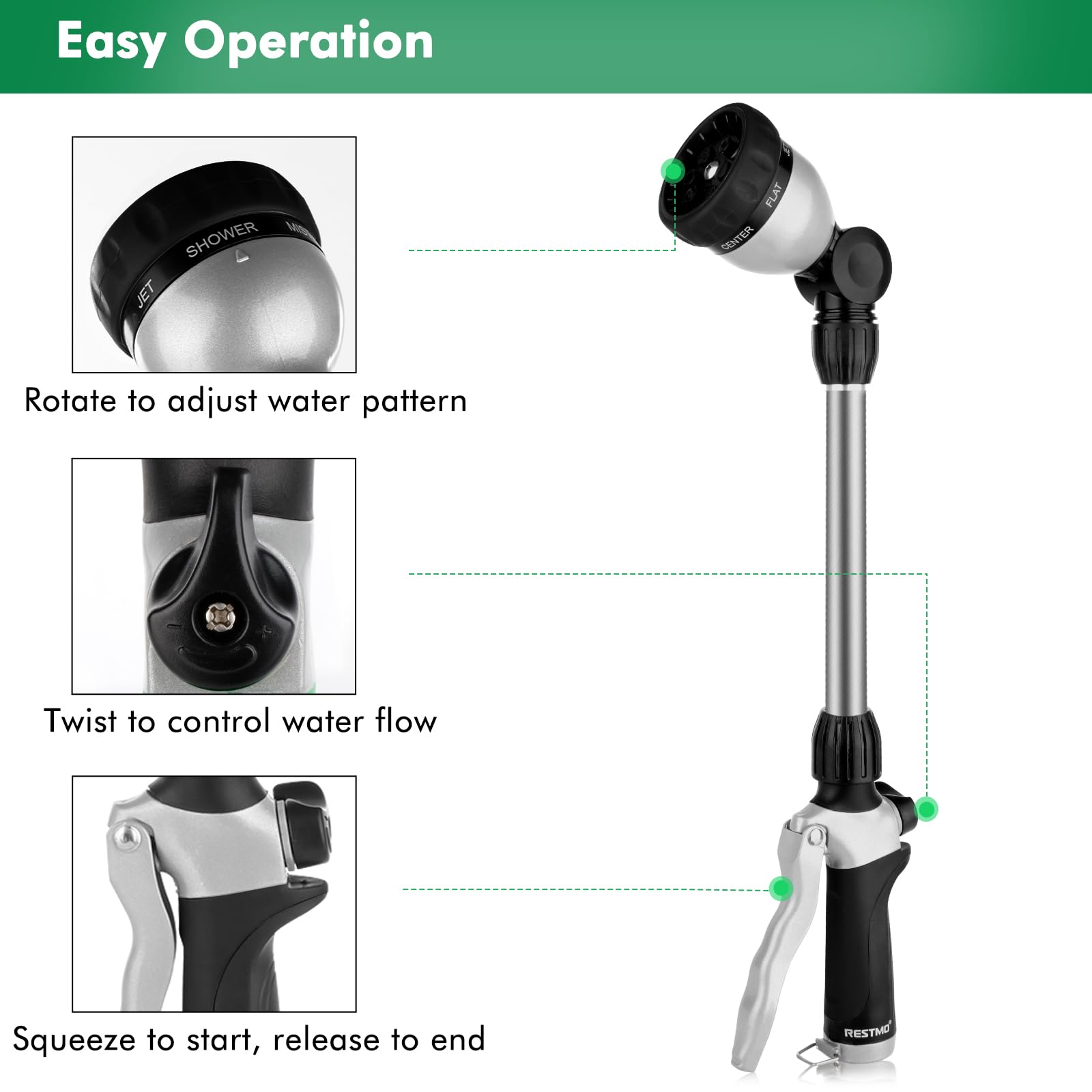 Restmo Heavy Duty Metal Hose Wand close-up of sprayer head with 7 watering patterns