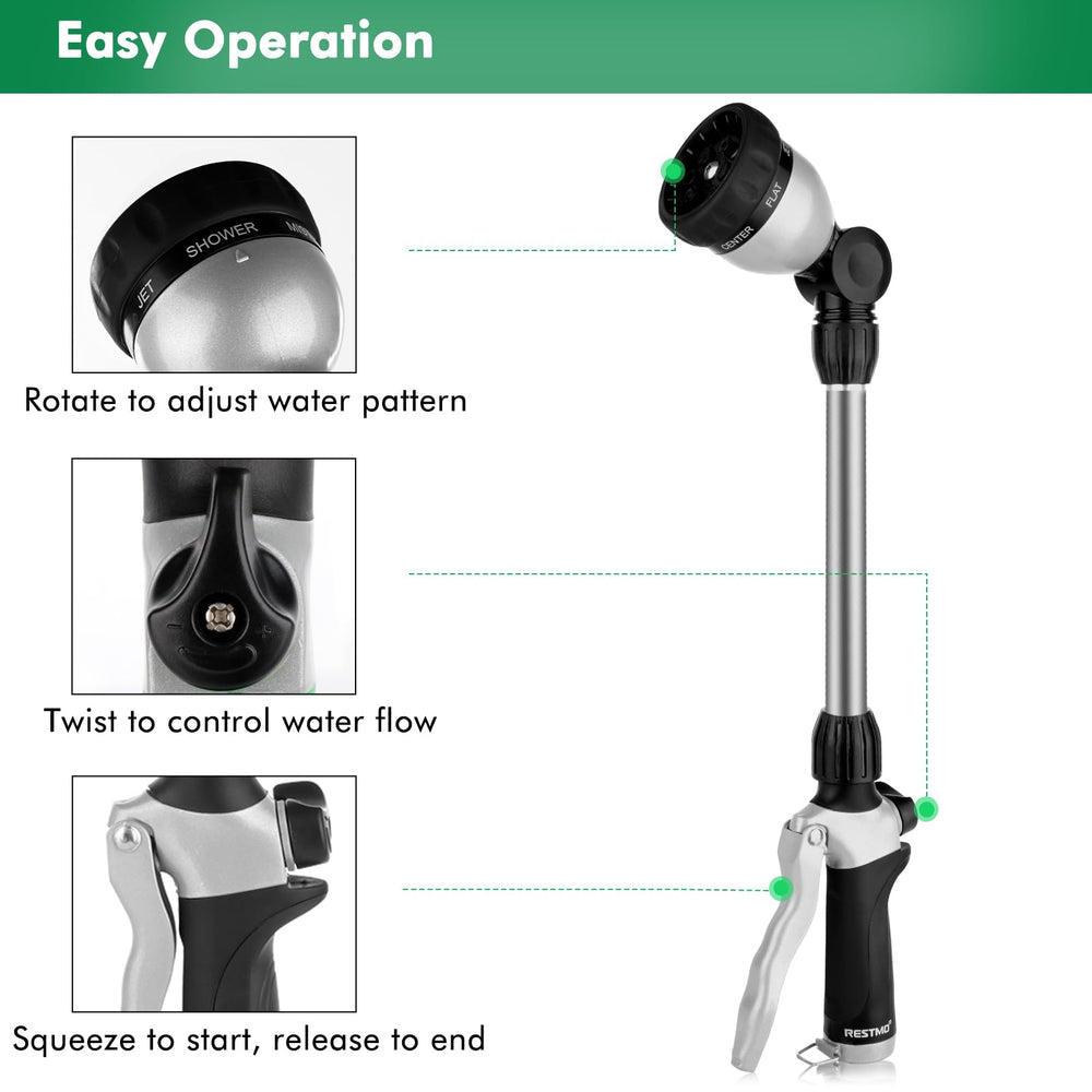 Restmo Heavy Duty Metal Hose Wand close-up of sprayer head with 7 watering patterns