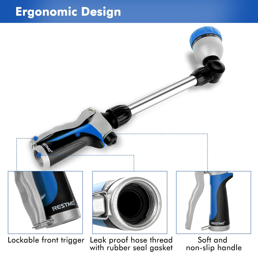 Restmo Heavy Duty Metal Hose Wand displaying seven watering patterns