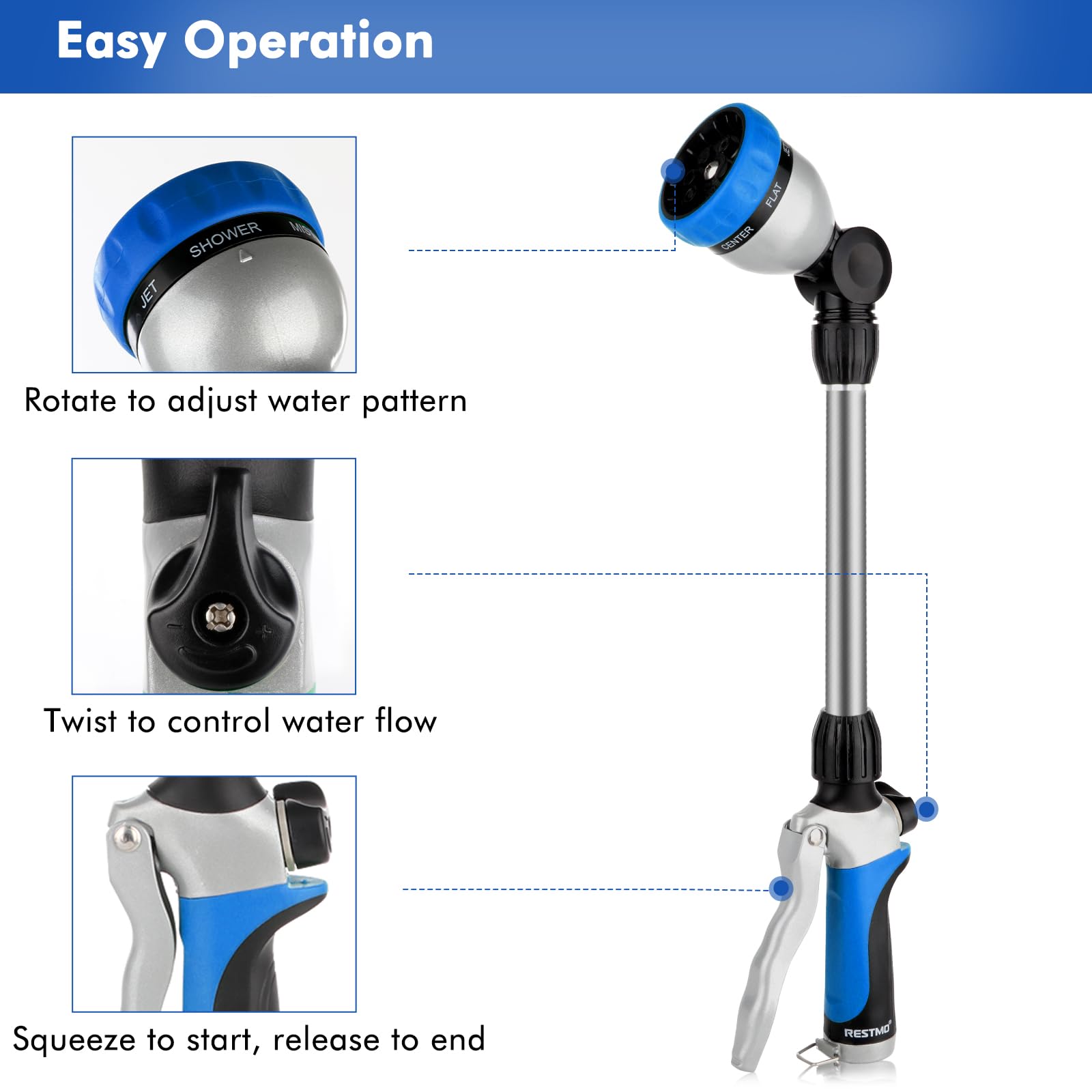 Restmo Heavy Duty Metal Hose Wand with ergonomic grip close-up