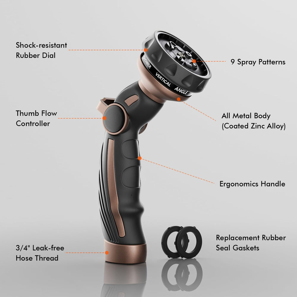 Restmo hose nozzle showing 9 watering patterns dial