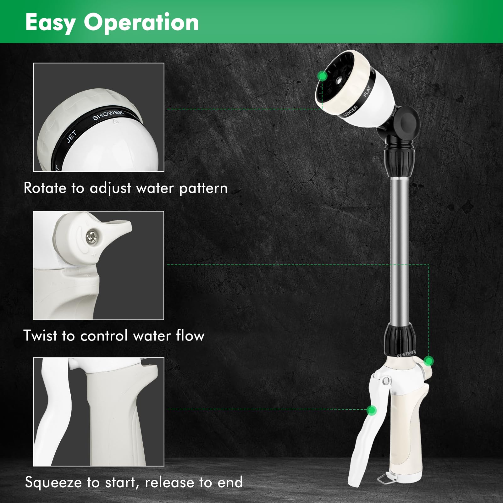 Restmo hose wand 180° swivel head for easy maneuverability