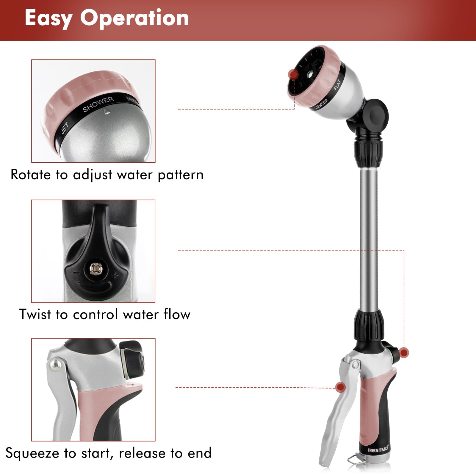 Restmo Hose Wand demonstrating 180° swivel head functionality