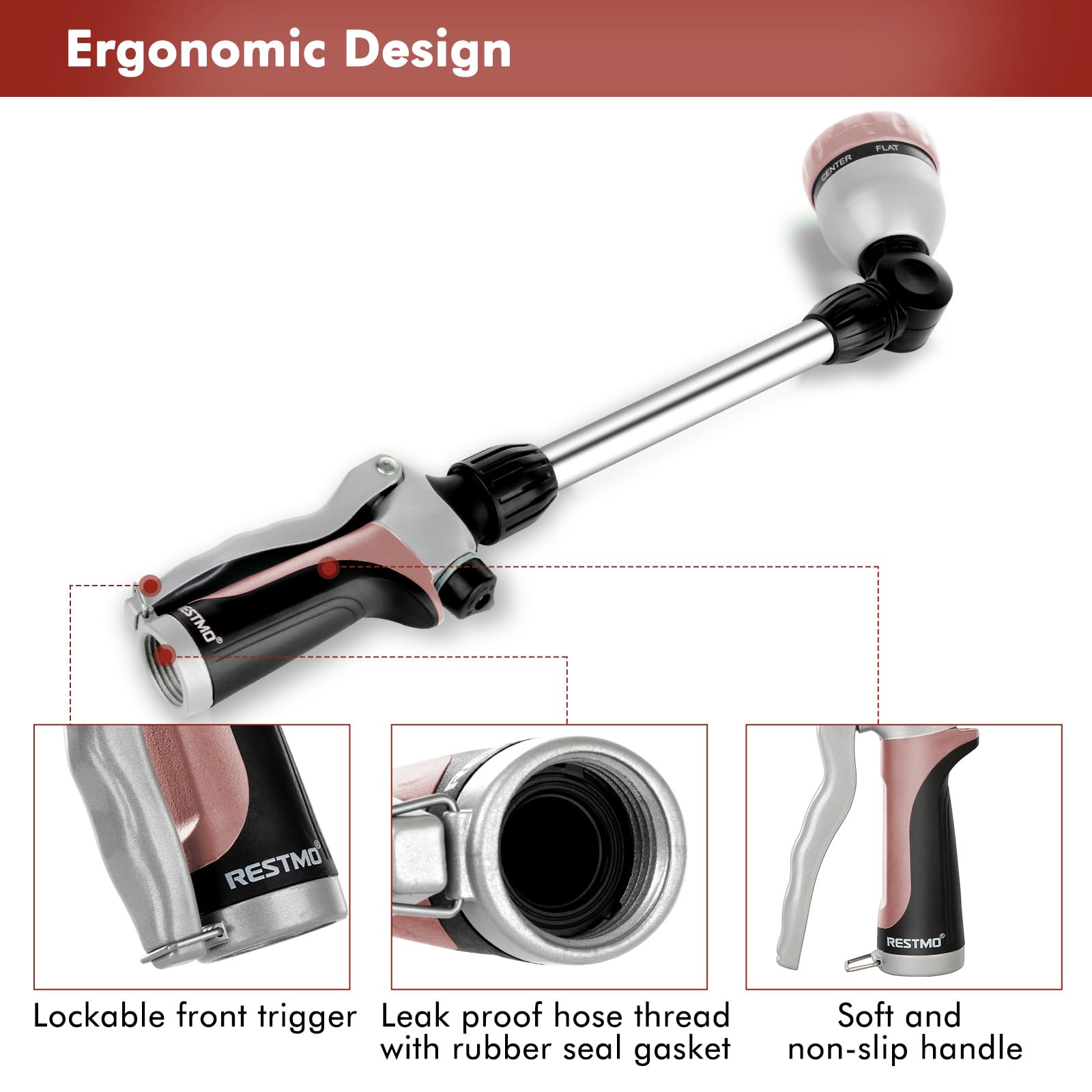 Restmo Hose Wand with various watering patterns illustrated