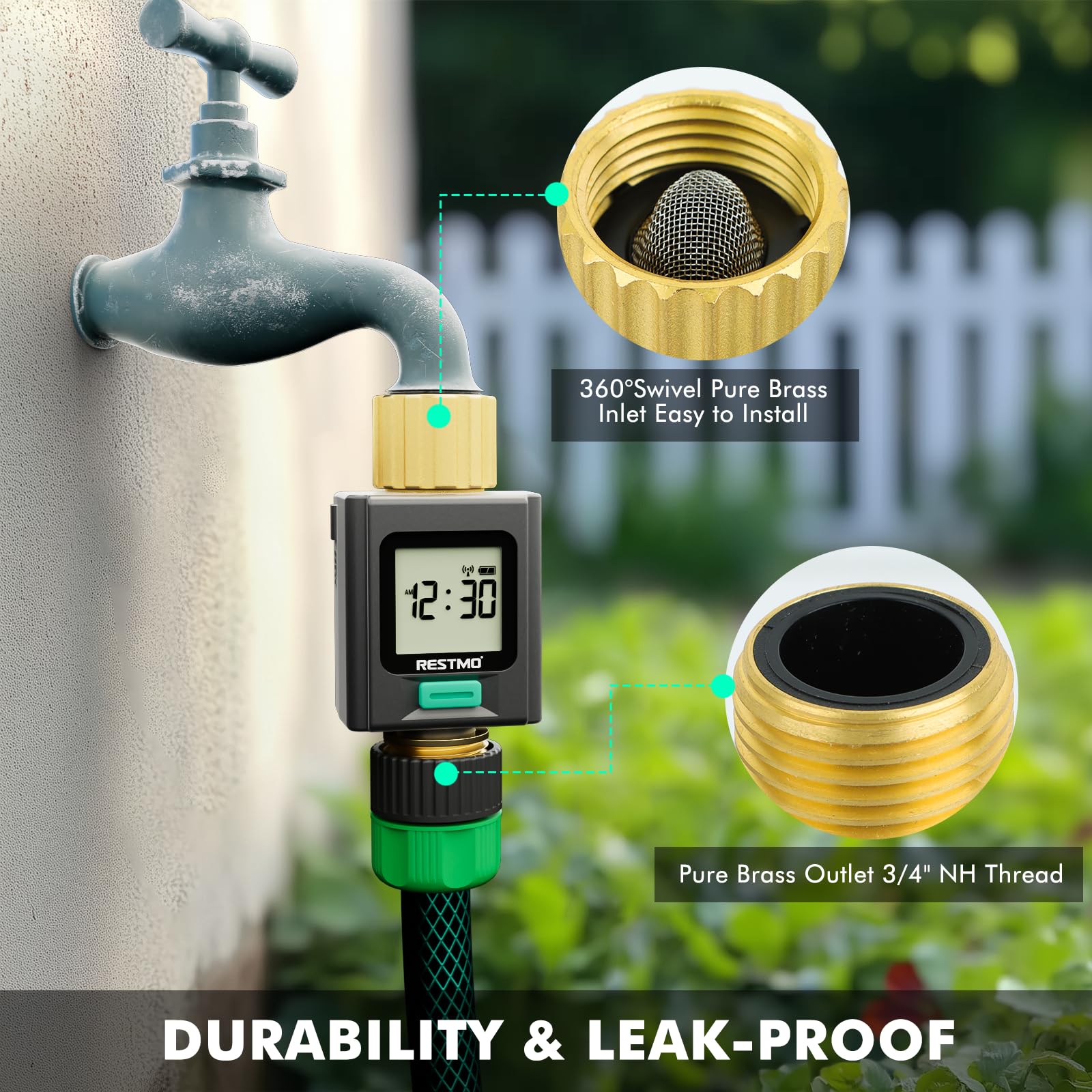 Restmo Smart Water Flow Meter in a garden setting