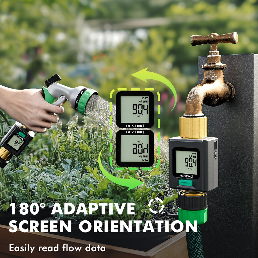 Restmo Smart Water Flow Meter packaging showing model number O-WM-2
